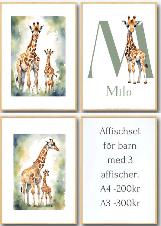 Personliga barntavlor - Posters till barnrummet - Giraff Set om 3