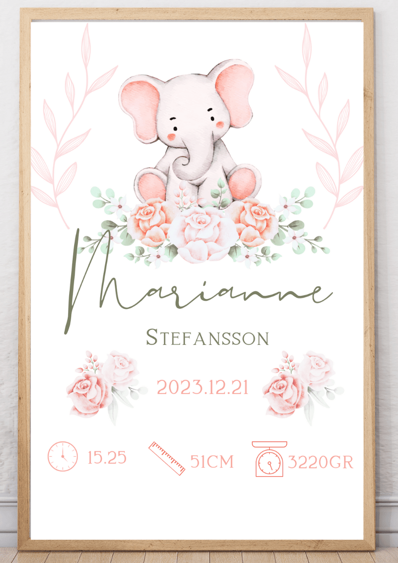 Doptavla - Personlig födelsetavla - Flicka - Elefant