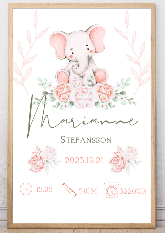 Doptavla - Personlig födelsetavla - Flicka - Elefant