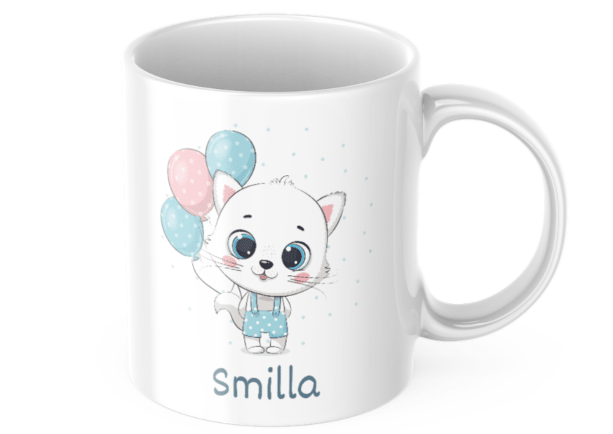 Katt med ballonger - Barnmugg med namn , Personlig mugg för barn