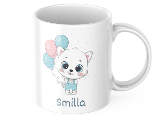 Katt med ballonger - Barnmugg med namn , Personlig mugg för barn