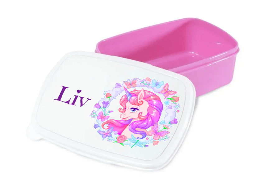 Personlig lunchlåda för barn - matlåda - lunchbox - Blommig enhörning