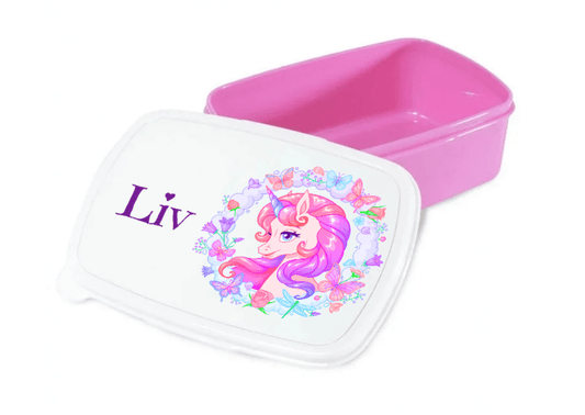 Personlig lunchlåda för barn - matlåda - lunchbox - Blommig enhörning