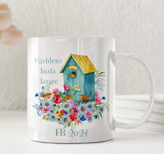 Personlig mugg ? Världens bästa lärare med fågelmotiv