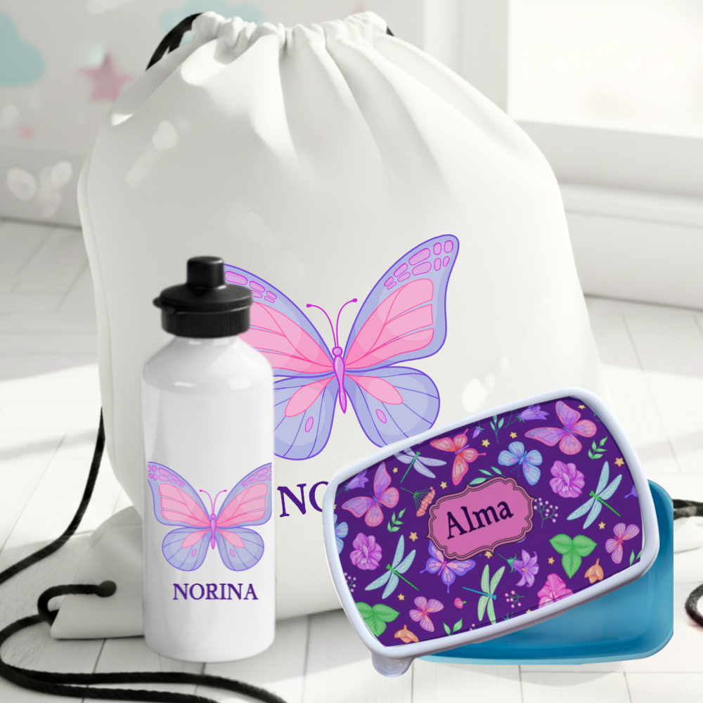 Fjäril - personlig vattenflaska-gympapåse-matlåda - DalaStil