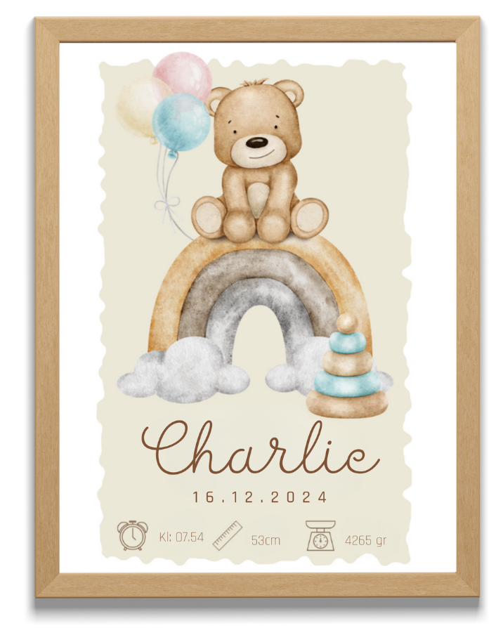 Doptavla  - Personlig Födelsetavla - Gullig Nalle - DalaStil