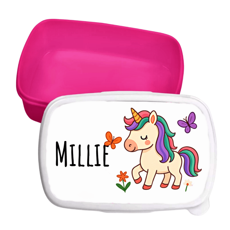 Personlig matlåda för barn - lunchbox - Enhörning med fjärillar