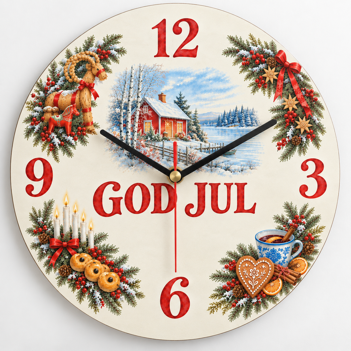 Tystgående väggklocka barnrum med skandinaviskt julmotiv God Jul DalaStil