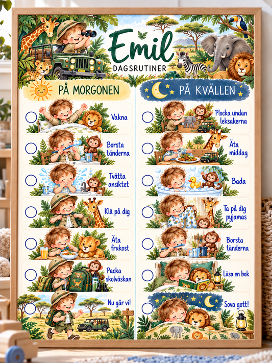 Bildschema för barn med namn – morgon- och kvällsrutin med motiv safari