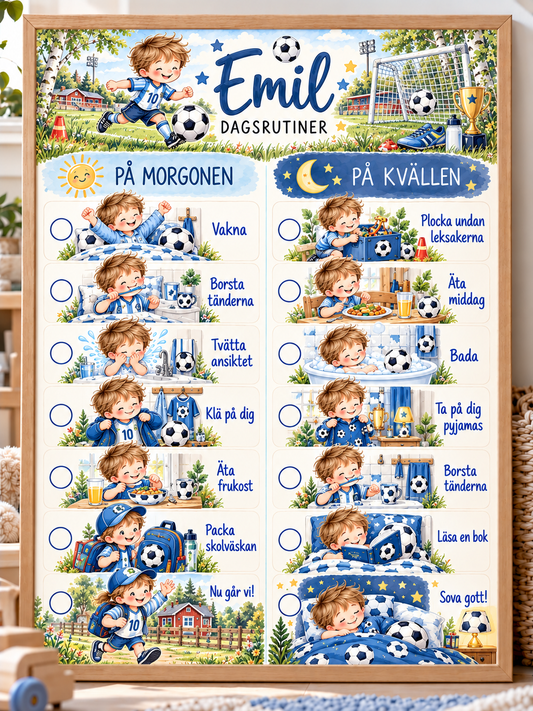 Bildschema för barn med namn – morgon- och kvällsrutin med motiv fotboll