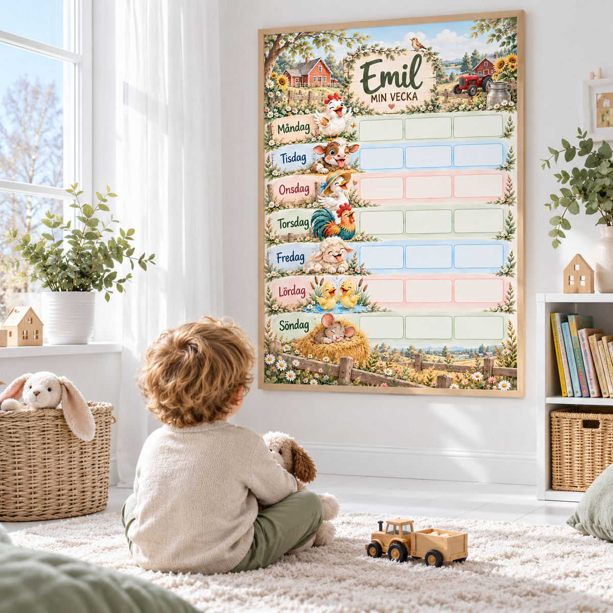 Veckoschema för barn med namn på väggen i barnrummet – motiv bondgård