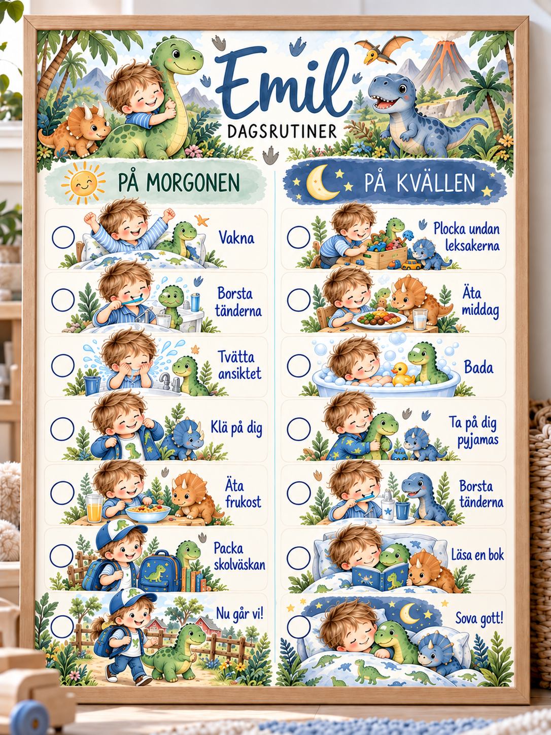 Bildschema för barn med namn – morgon- och kvällsrutin med motiv dinosaurier