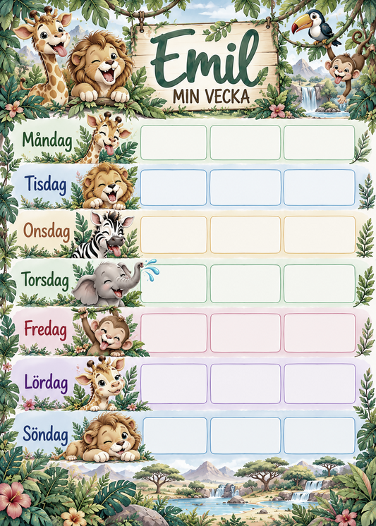 Veckoschema för barn med namn – motiv safari