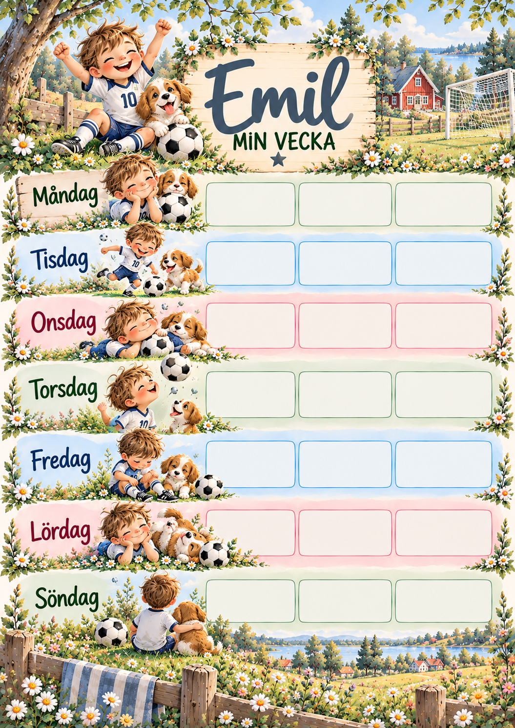 Veckoschema för barn med namn – motiv fotboll