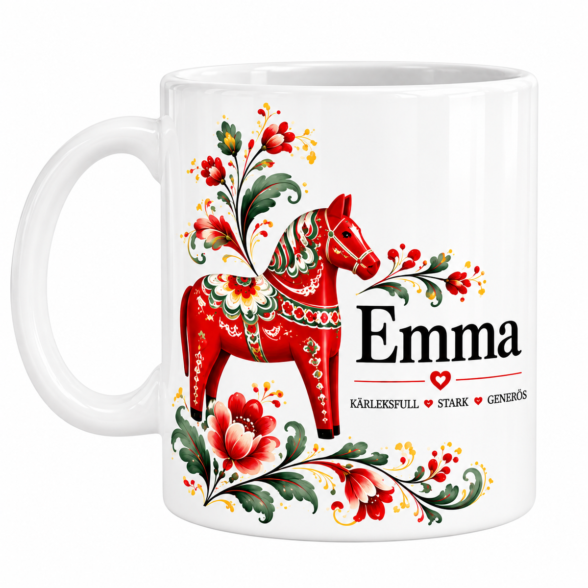 Mugg med namn och betydelse med röd dalahäst och blommor i svensk folkkonst