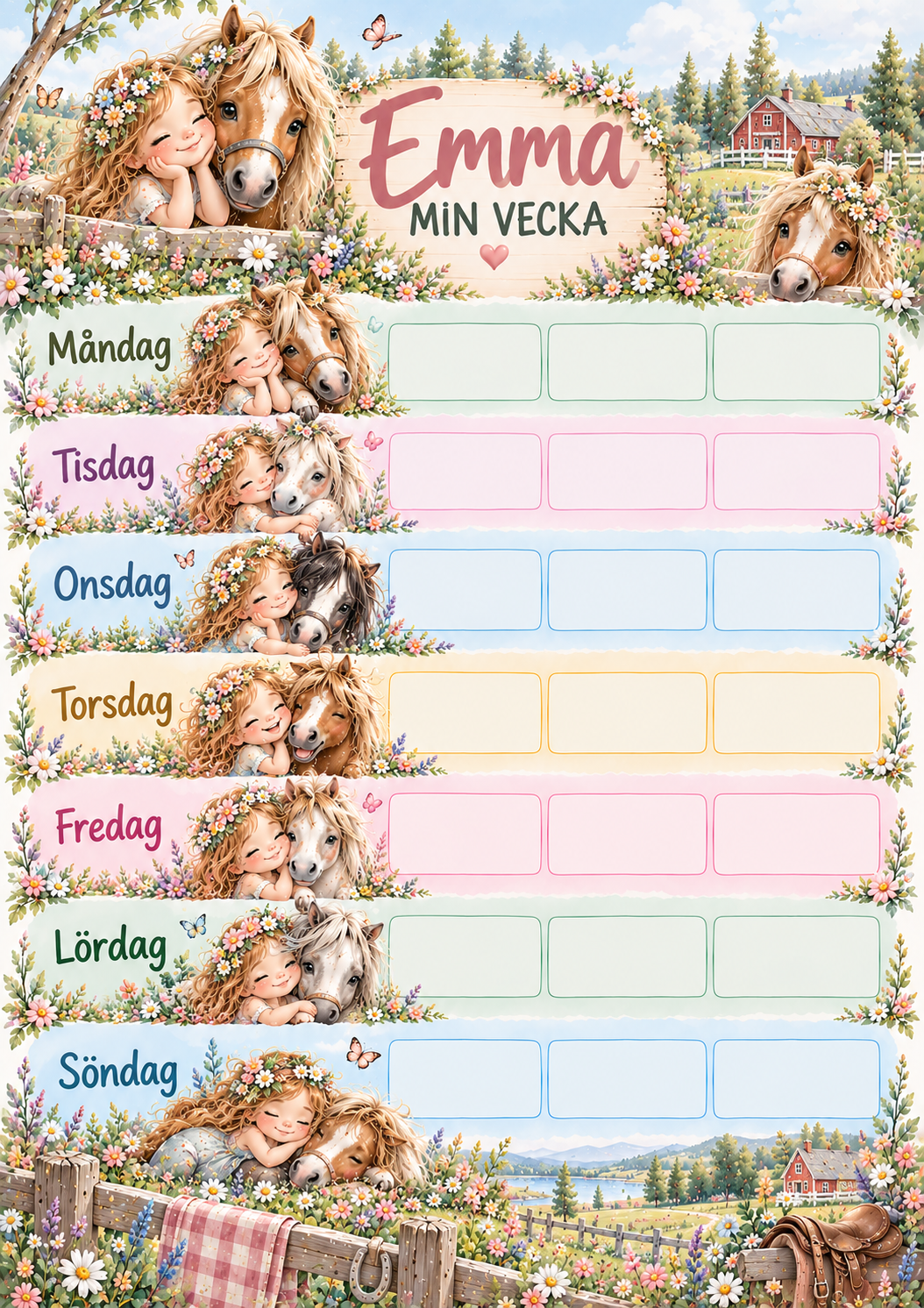 Veckoschema för barn med namn – motiv häst