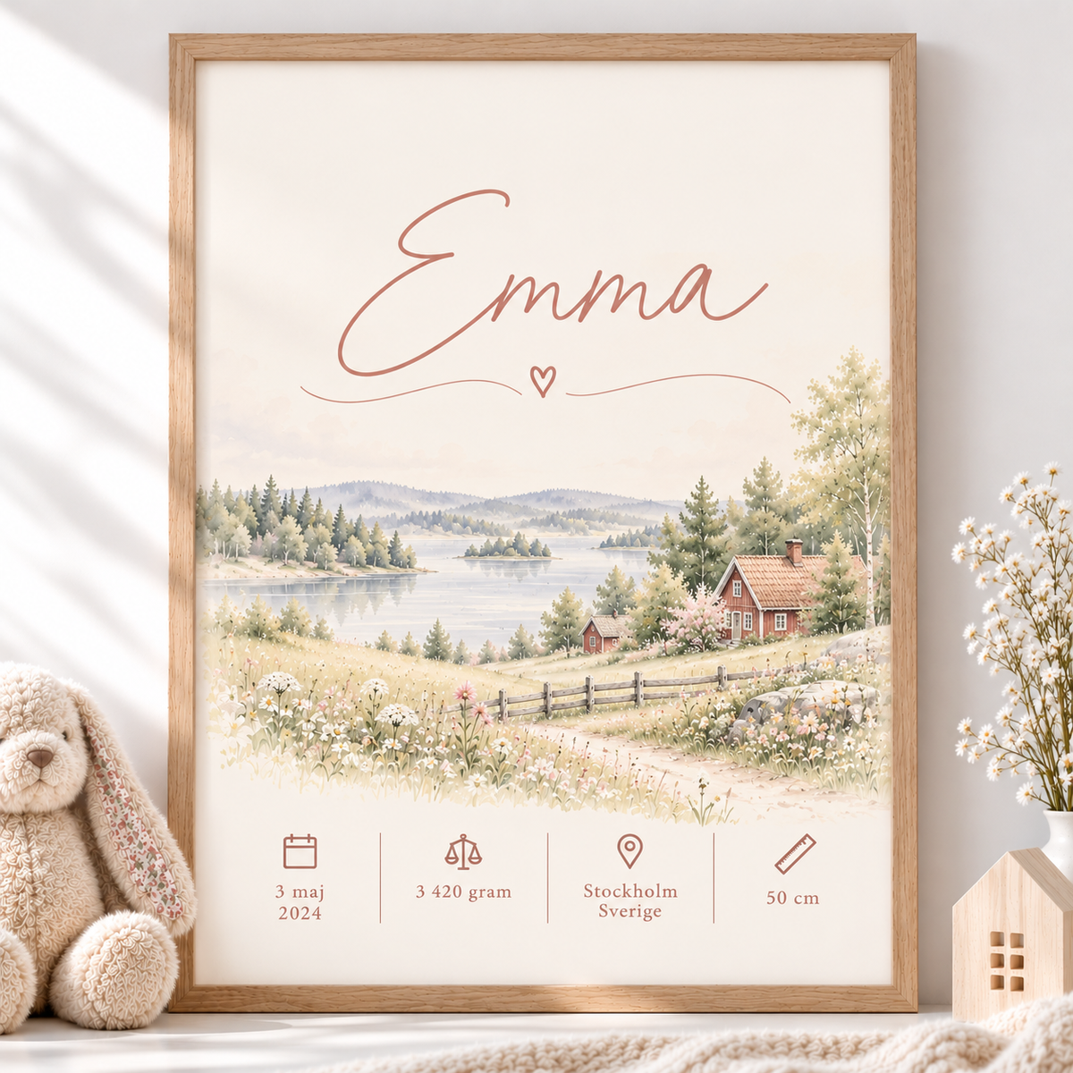Födelsetavla med namn – Blomsteräng med röd stuga – doptavla flicka