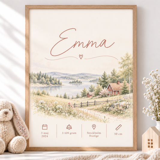 Födelsetavla med namn – Blomsteräng med röd stuga – doptavla flicka