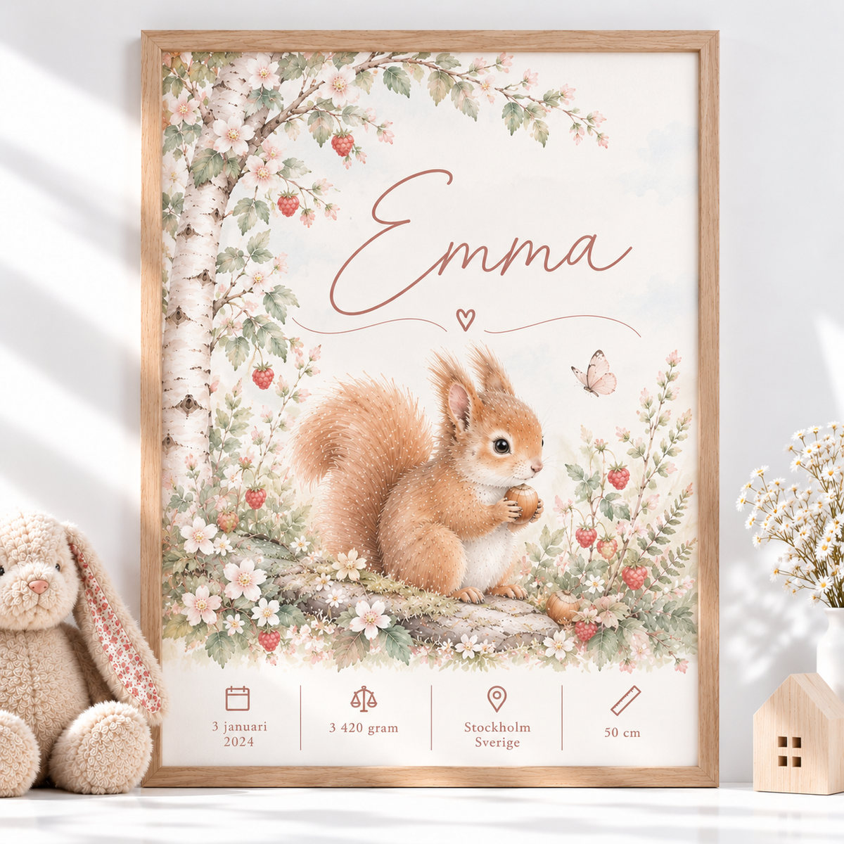 Födelsetavla med ekorre i ekmönstrad ram