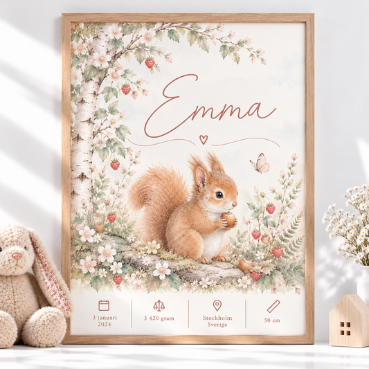 Födelsetavla med ekorre i ekmönstrad ram