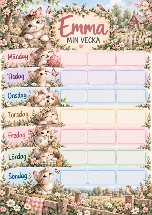 Veckoschema för barn med namn – motiv kattunge