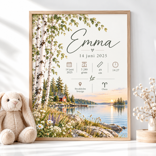 Födelsetavla med namn – vita björkar, röd stuga och sjö i solnedgång i akvarell i ekmönstrad ram