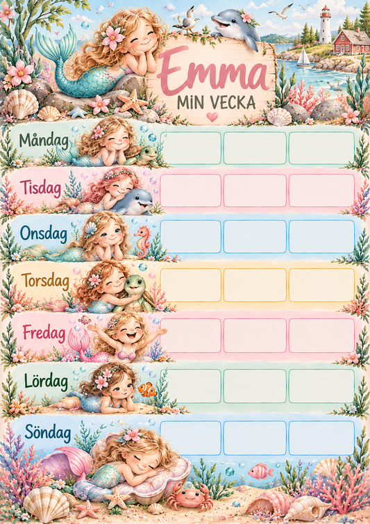 Veckoschema för barn med namn – motiv sjöjungfru