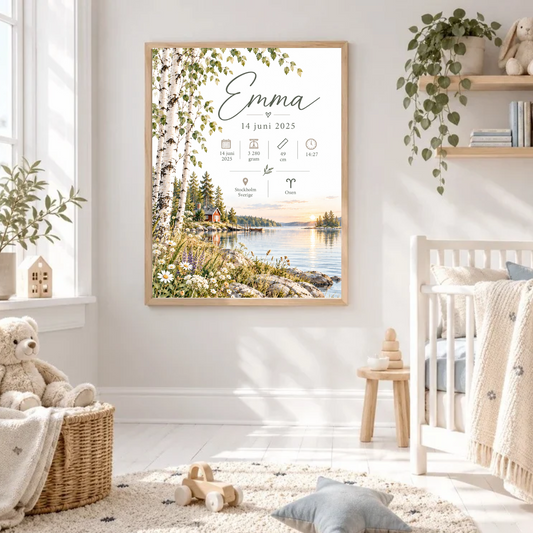 Doptavla med björkar vid sjön i akvarell på väggen i ett ljust skandinaviskt barnrum