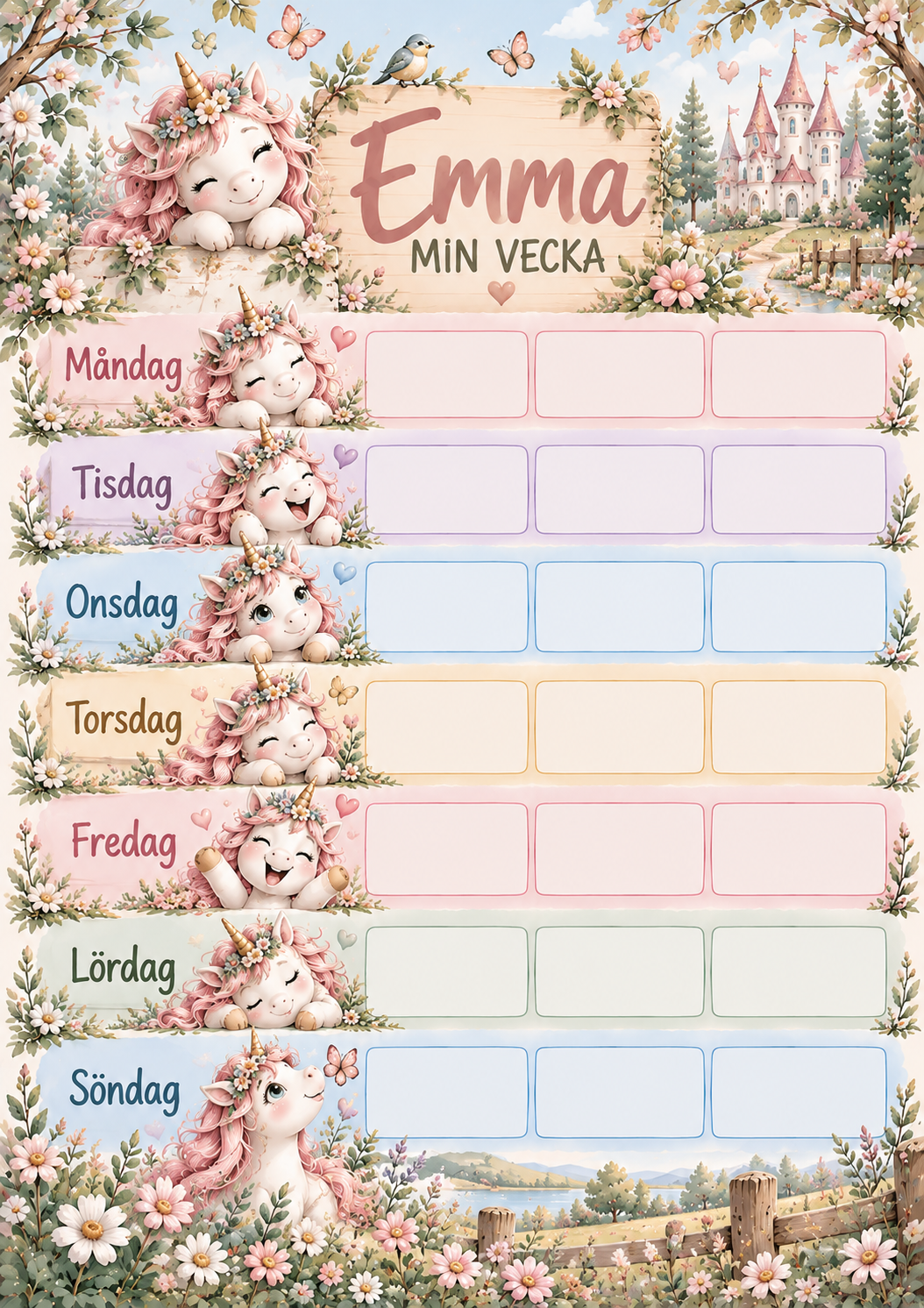 Veckoschema för barn med namn – motiv enhörning