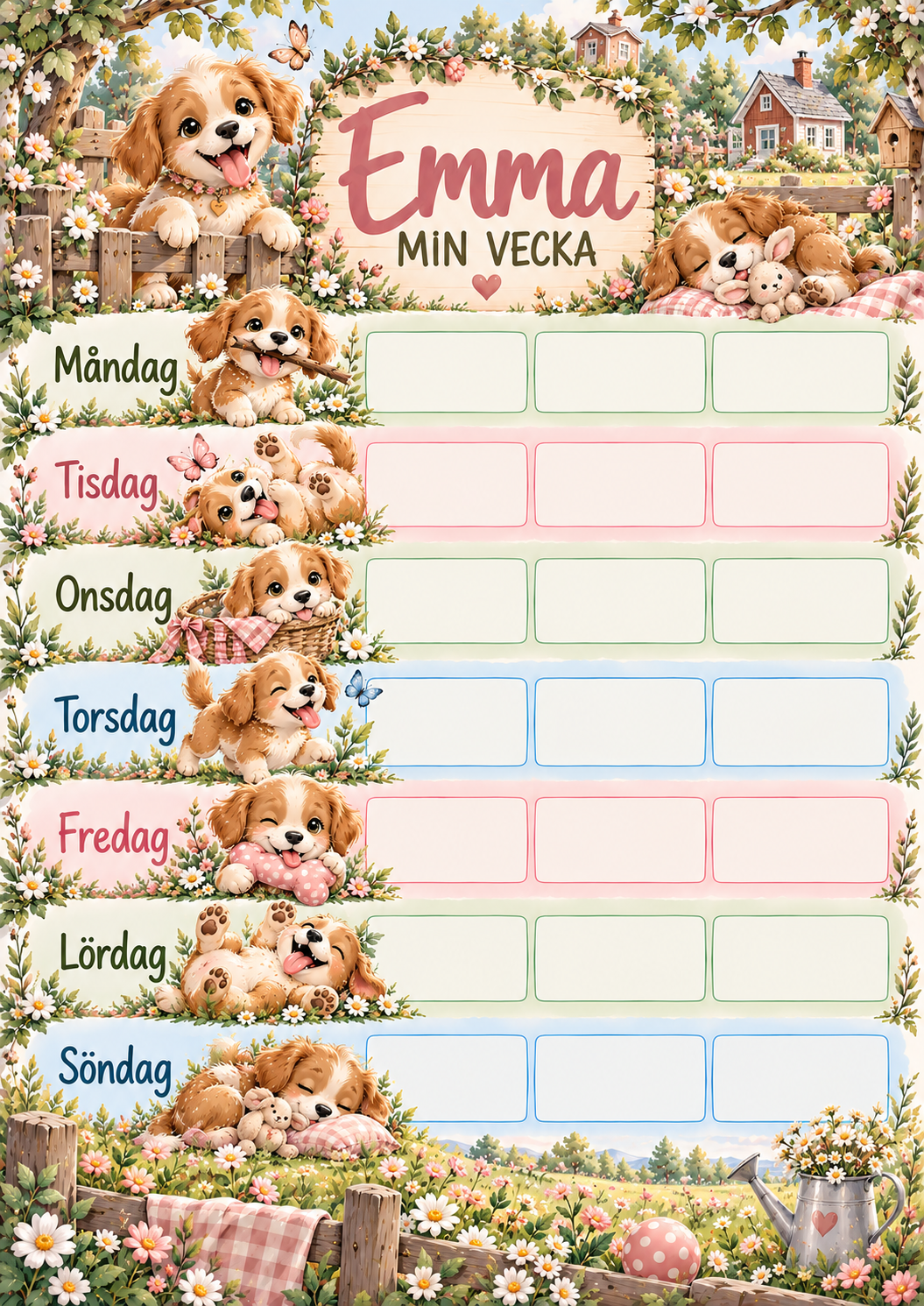 Kids' weekly planner with name – puppy motif