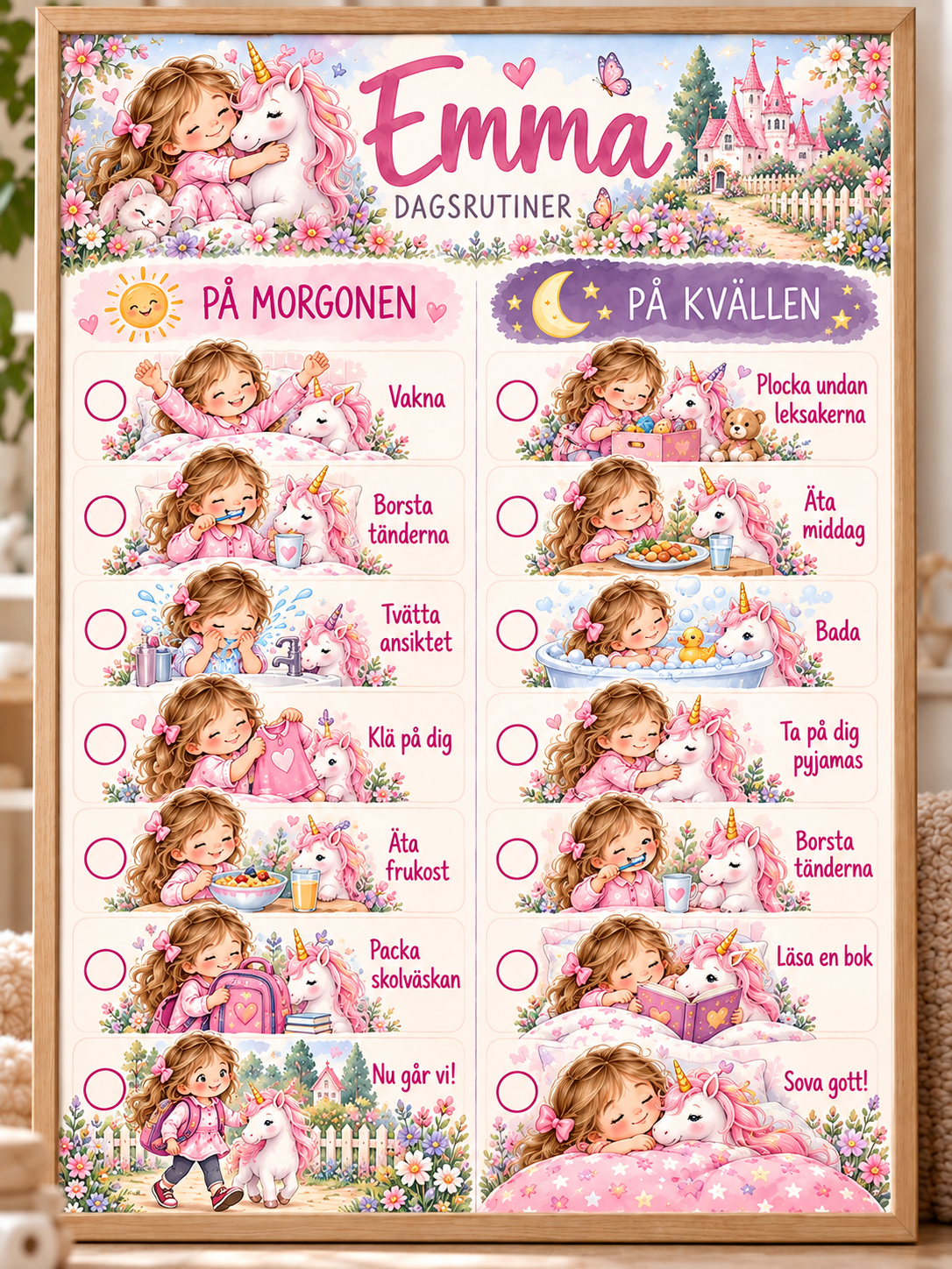 Kids' routine chart with name – morning and bedtime routine with unicorn motif