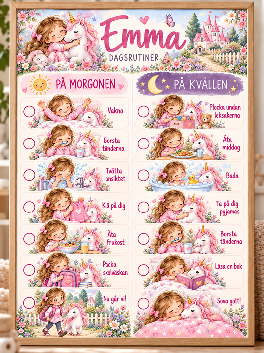Bildschema för barn med namn – morgon- och kvällsrutin med motiv enhörning