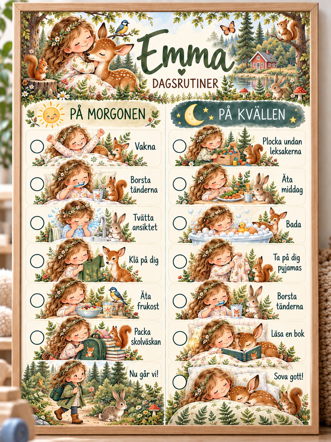 Bildschema för barn med namn – morgon- och kvällsrutin med motiv skogens djur