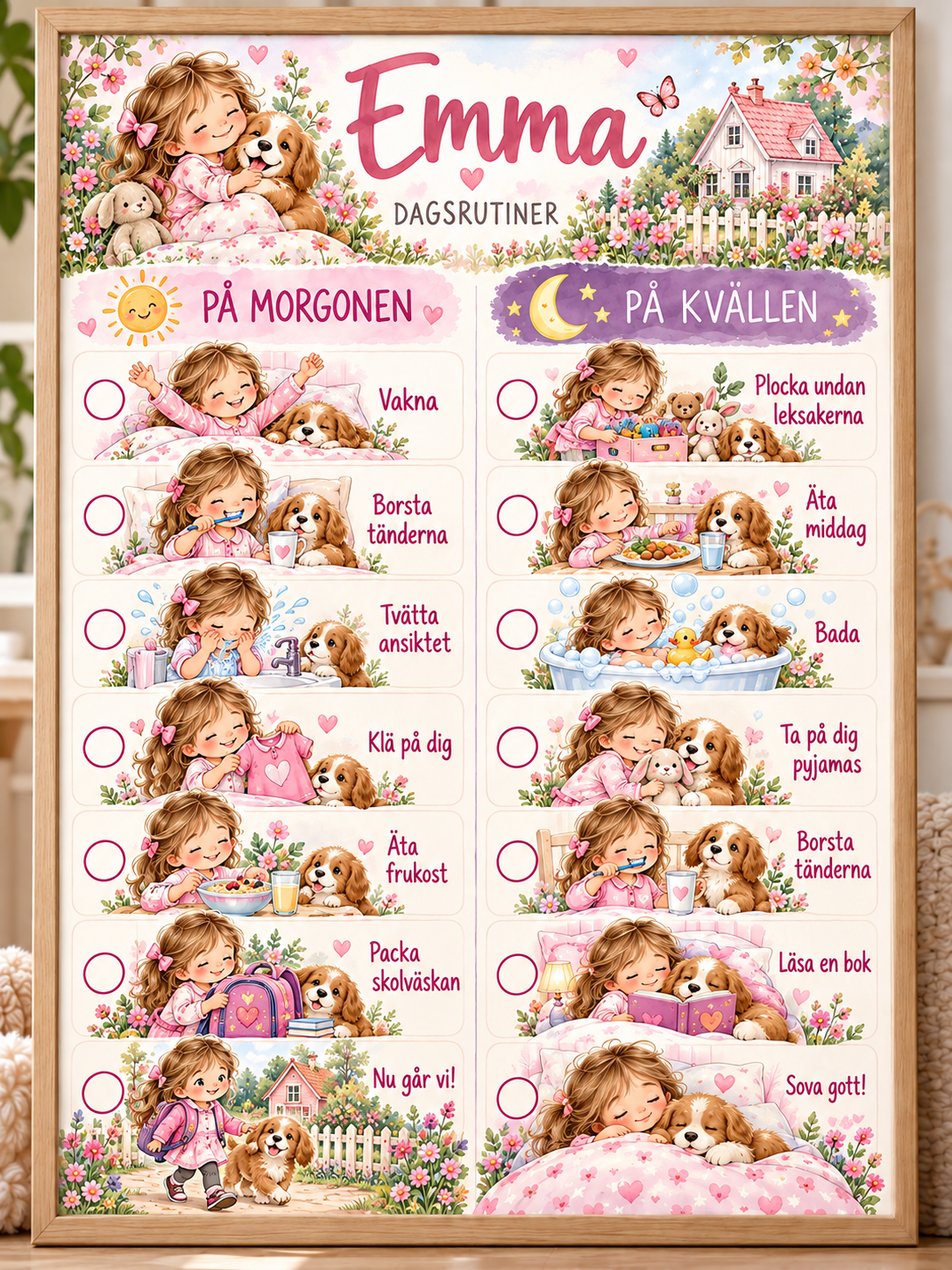 Bildschema för barn med namn – morgon- och kvällsrutin med motiv valp