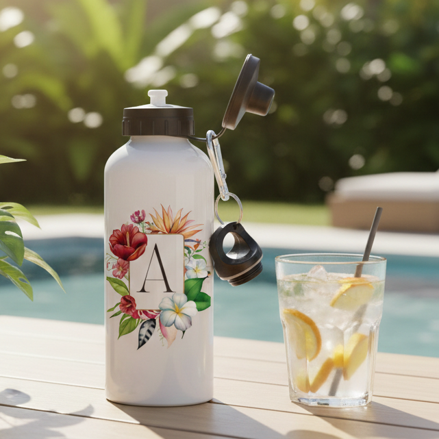 Färgglada blommor med initial - Personlig vattenflaska med namn