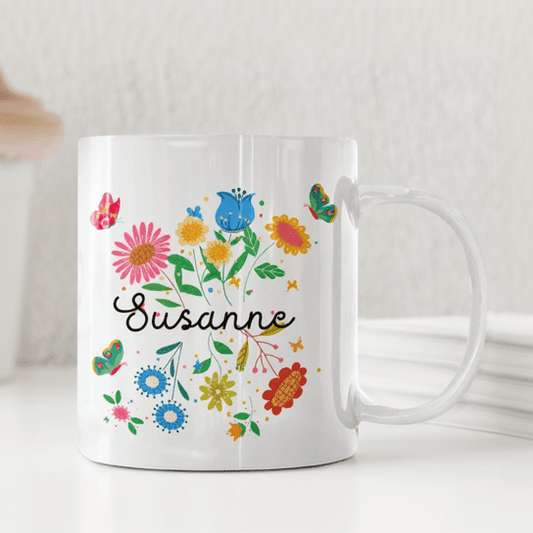 Personliga muggarFärgglada blommor och fjärilar – Personlig mugg