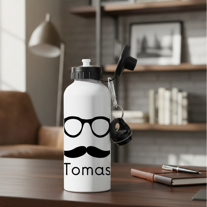 Glasögon och mustasch - Personlig vattenflaska för män med namn