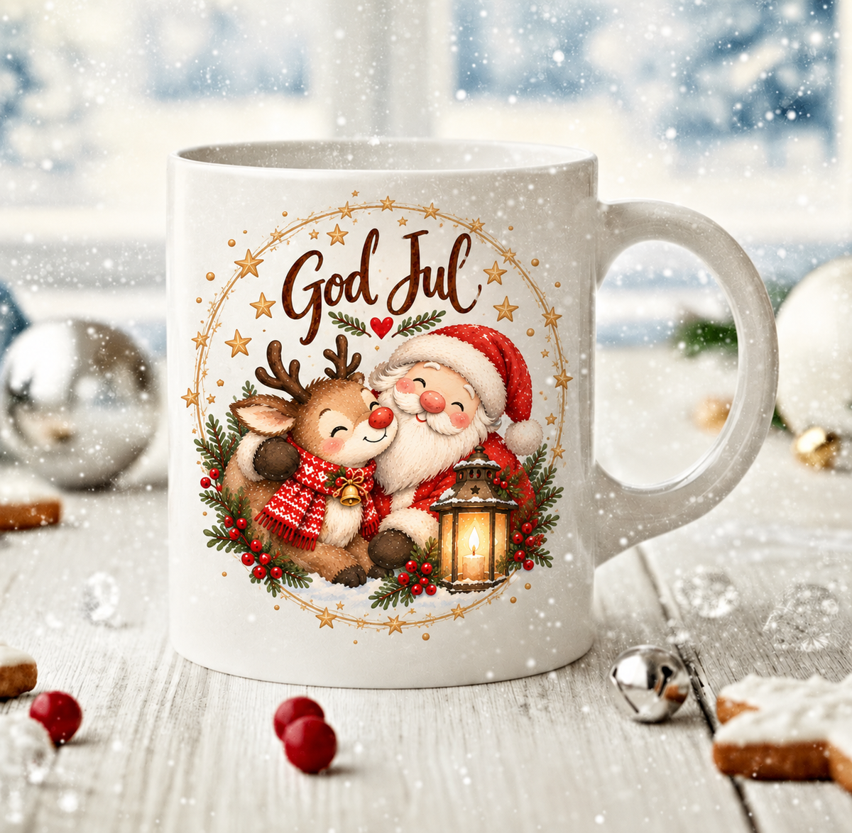Vit julmugg med en tomte som kramar en ren med röd nos, en lysande lykta, gyllene stjärnor och texten God Jul – DalaStil
