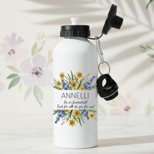 Gula och blå blommor - Personlig vattenflaska med namn