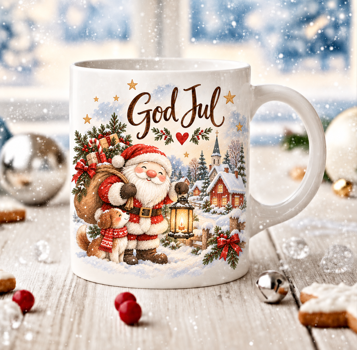 Vit julmugg med texten God Jul, en tomte med julklappssäck och lykta samt en liten hund framför snötäckta hus – DalaStil