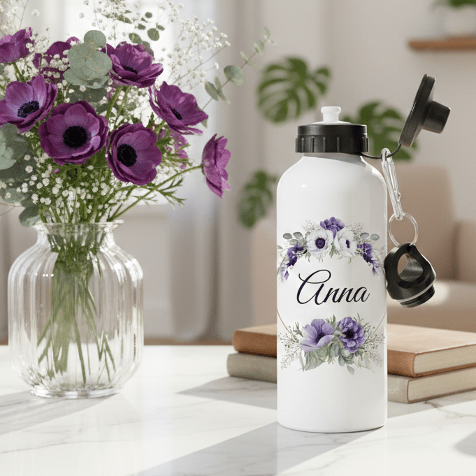 VattenflaskorLila blommor - Personlig vattenflaska med namn