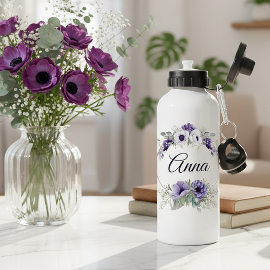 Lila blommor - Personlig vattenflaska med namn