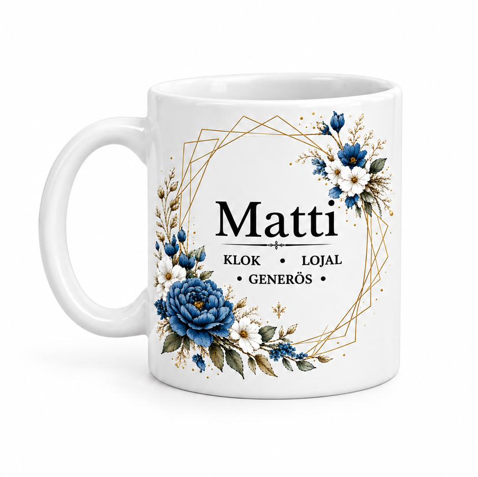 Tasse mit Namen und Bedeutung – Blauer Kranz – personalisierte Namenstasse – DalaStil