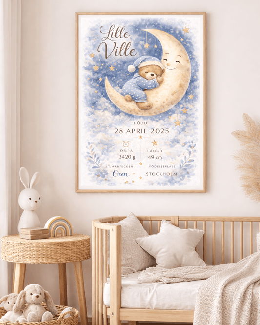FödelseposterGodnatt Nalle - Personlig födelseposter med sovande nalle och barnets namn