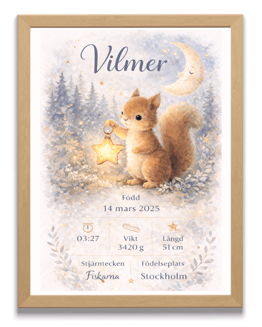 FödelseposterEkorrens Stjärna - Personlig födelseposter med ekorre och barnets namn