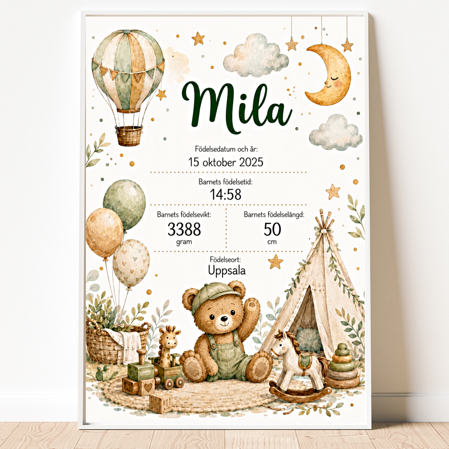 Personlig födelsetavla – Boho – Doptavla med nalle och tipi – DalaStil