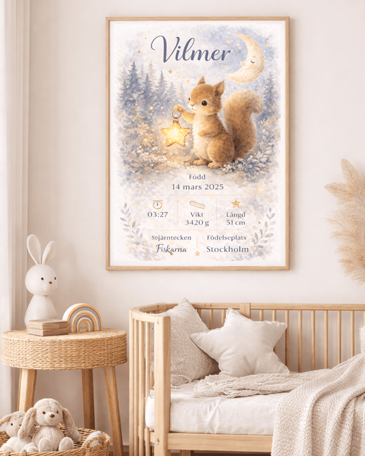 FödelseposterEkorrens Stjärna - Personlig födelseposter med ekorre och barnets namn