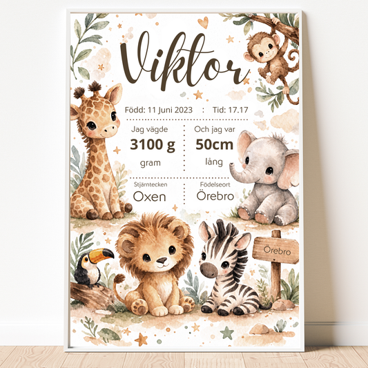 Personlig födelsetavla – Safari – Doptavla med vilda djur – DalaStil