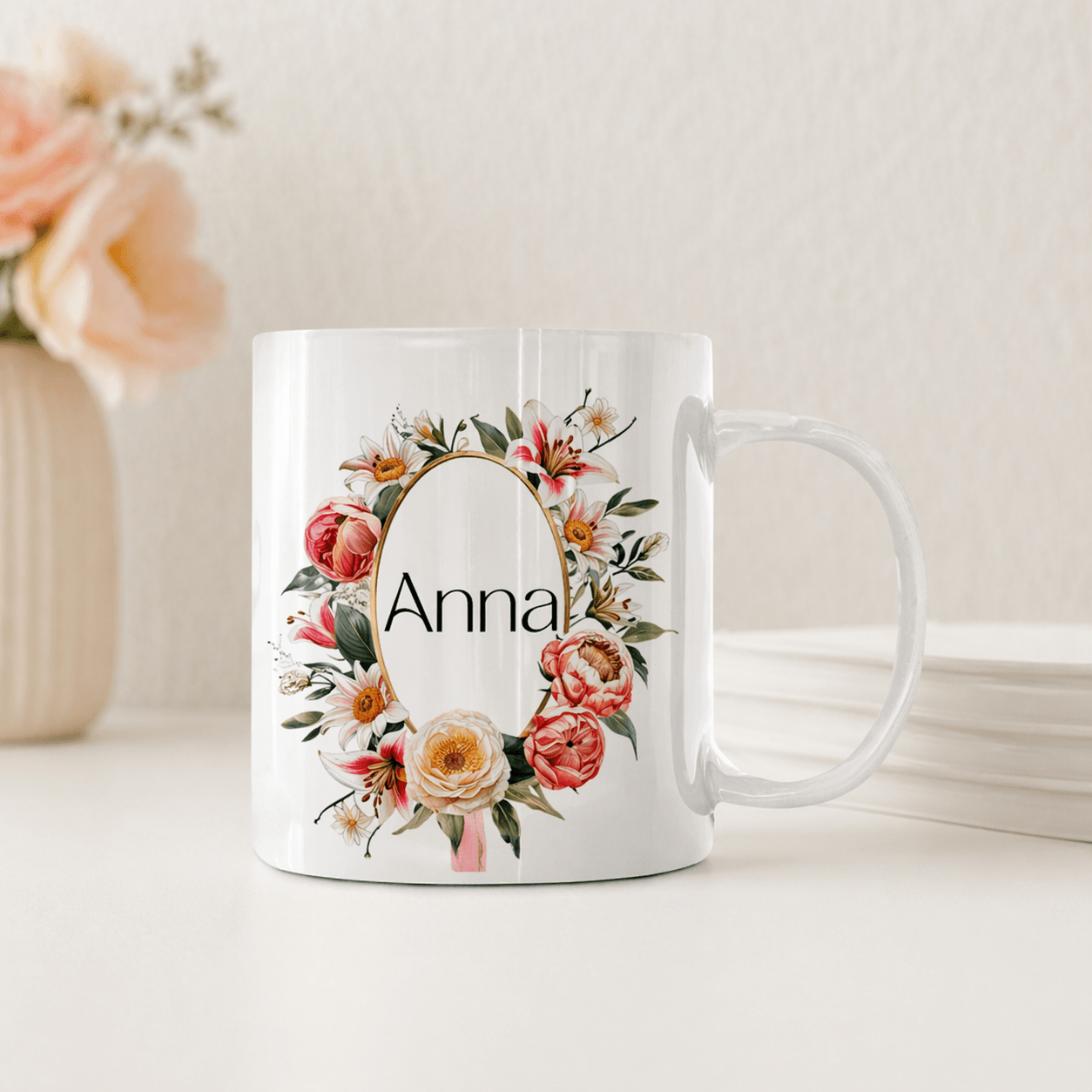 Personlig Mugg med Namn Blommig Blomkrans Kaffemugg