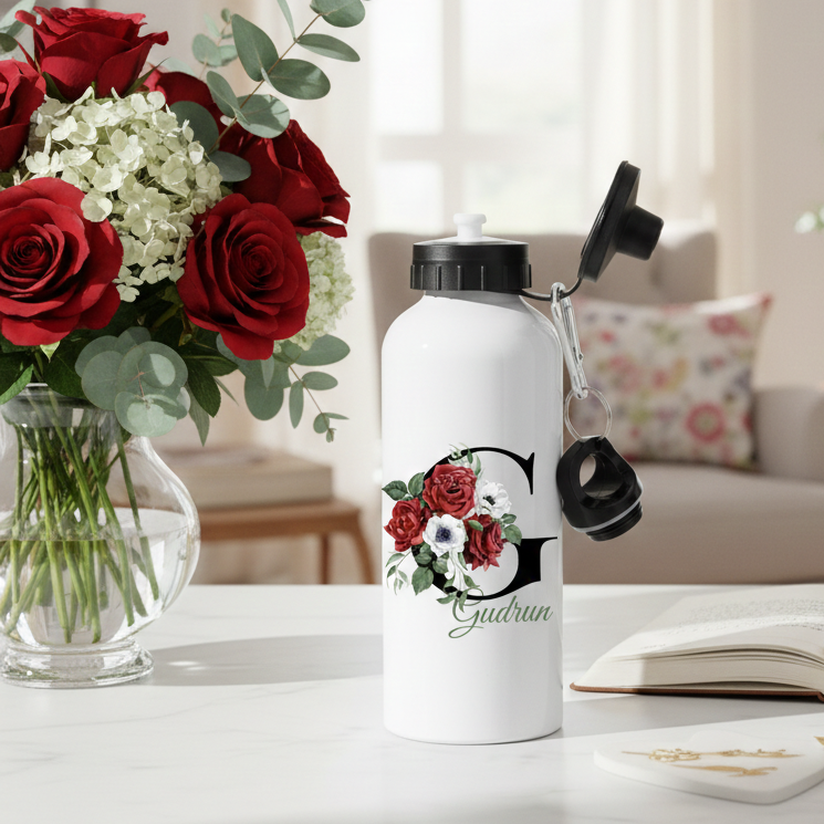 Rosor med initial - Personlig vattenflaska med namn
